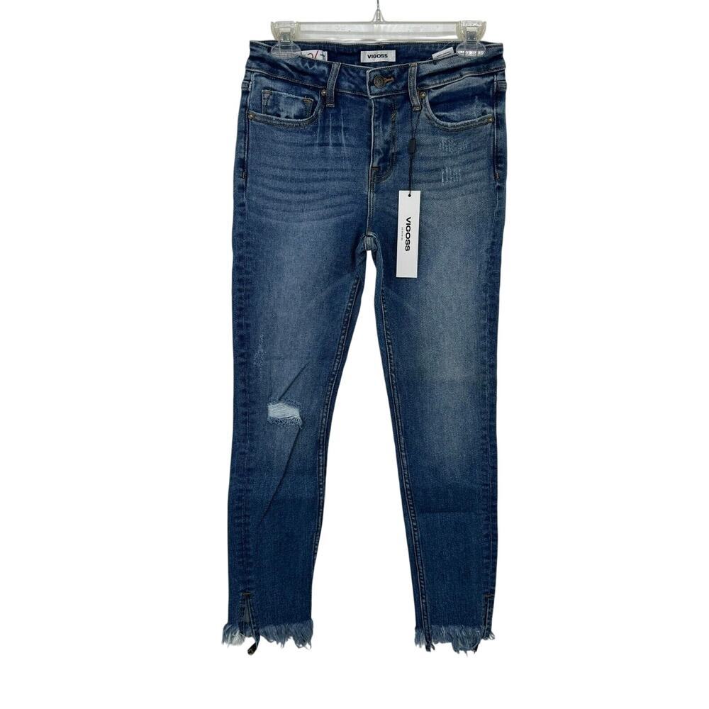 Vigoss Marley Women Denim Mid Rise Distressed Skinny Jeans Raw Hem Size 28 Blue